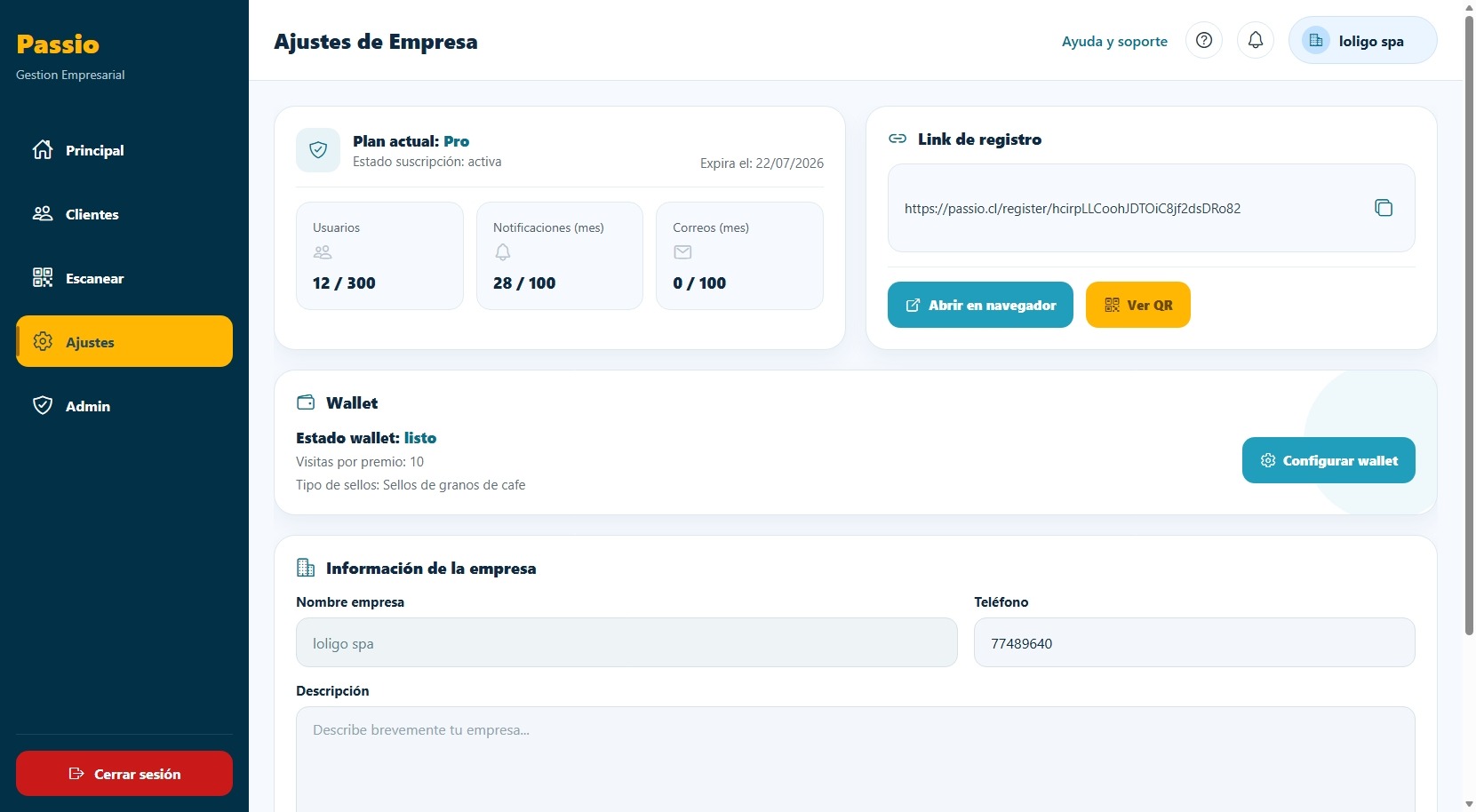 Passio - Ajustes de empresa y Wallet