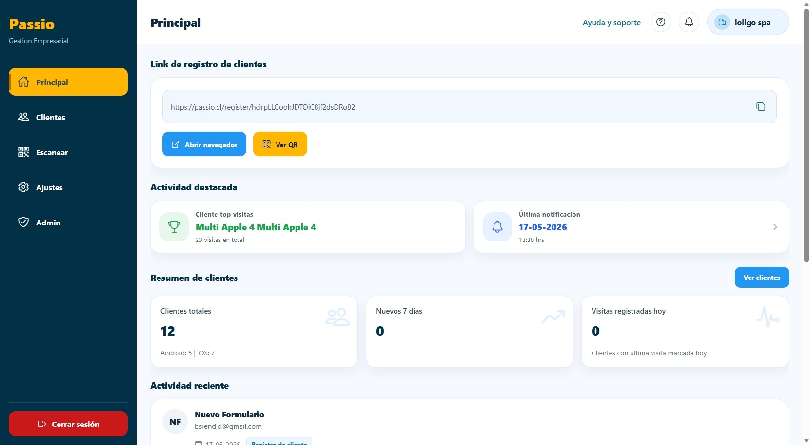 Passio - Dashboard principal