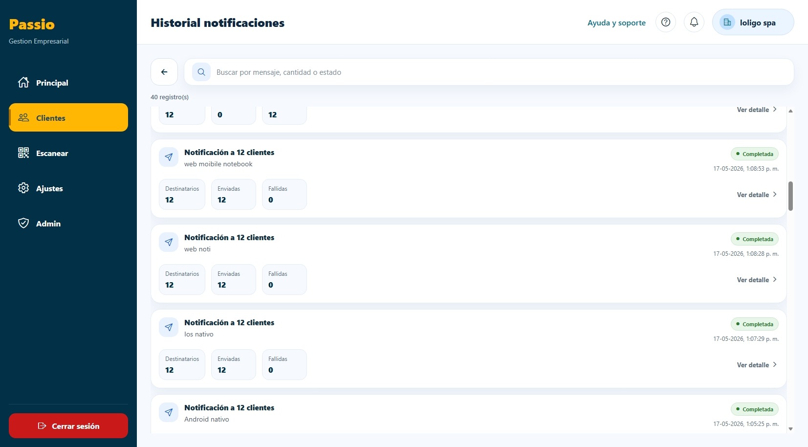 Passio - Historial de notificaciones
