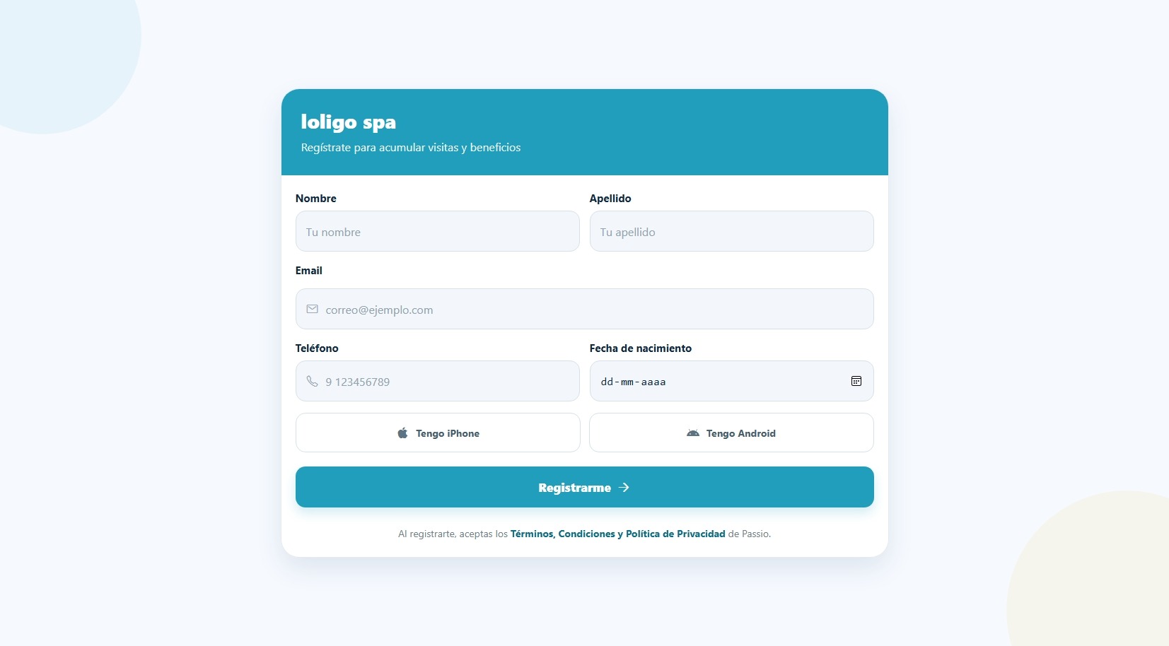 Passio - Registro de cliente